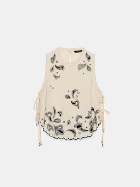 Zara Cream Sleeveless Embroidered Tie-Side Shell